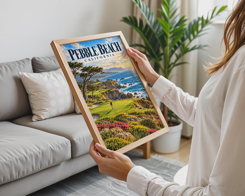 Pebble Beach California Golf Poster, Retro Travel Art, Cliffside Course (Physical Print)