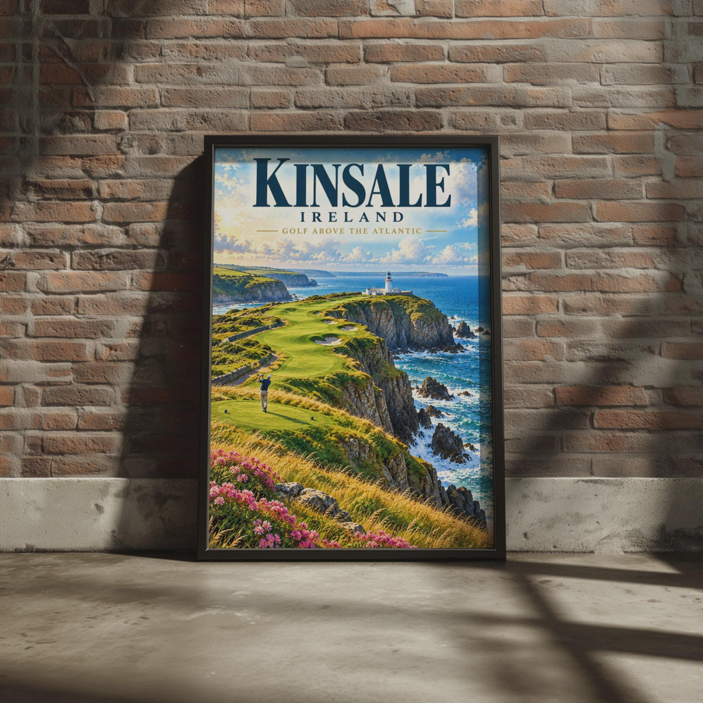 Kinsale Ireland Golf Poster, Coastal Cliffs, Lighthouse, Atlantic Wall Art (Print)