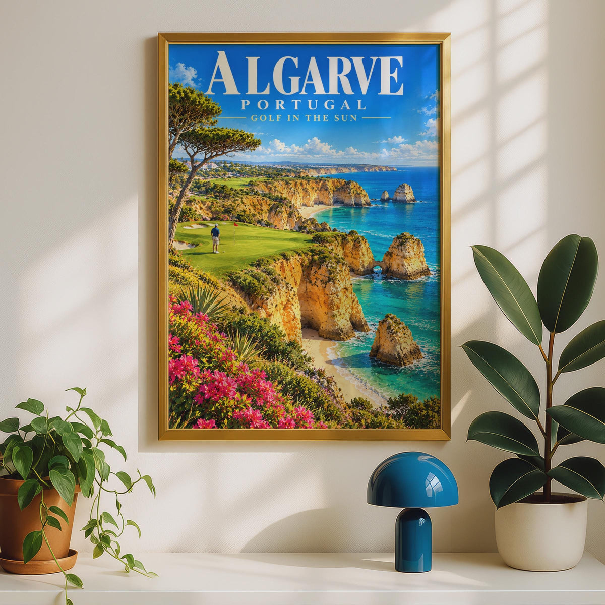 Algarve Portugal Golf Poster, Coastal Cliffside View, Retro Travel Art Print