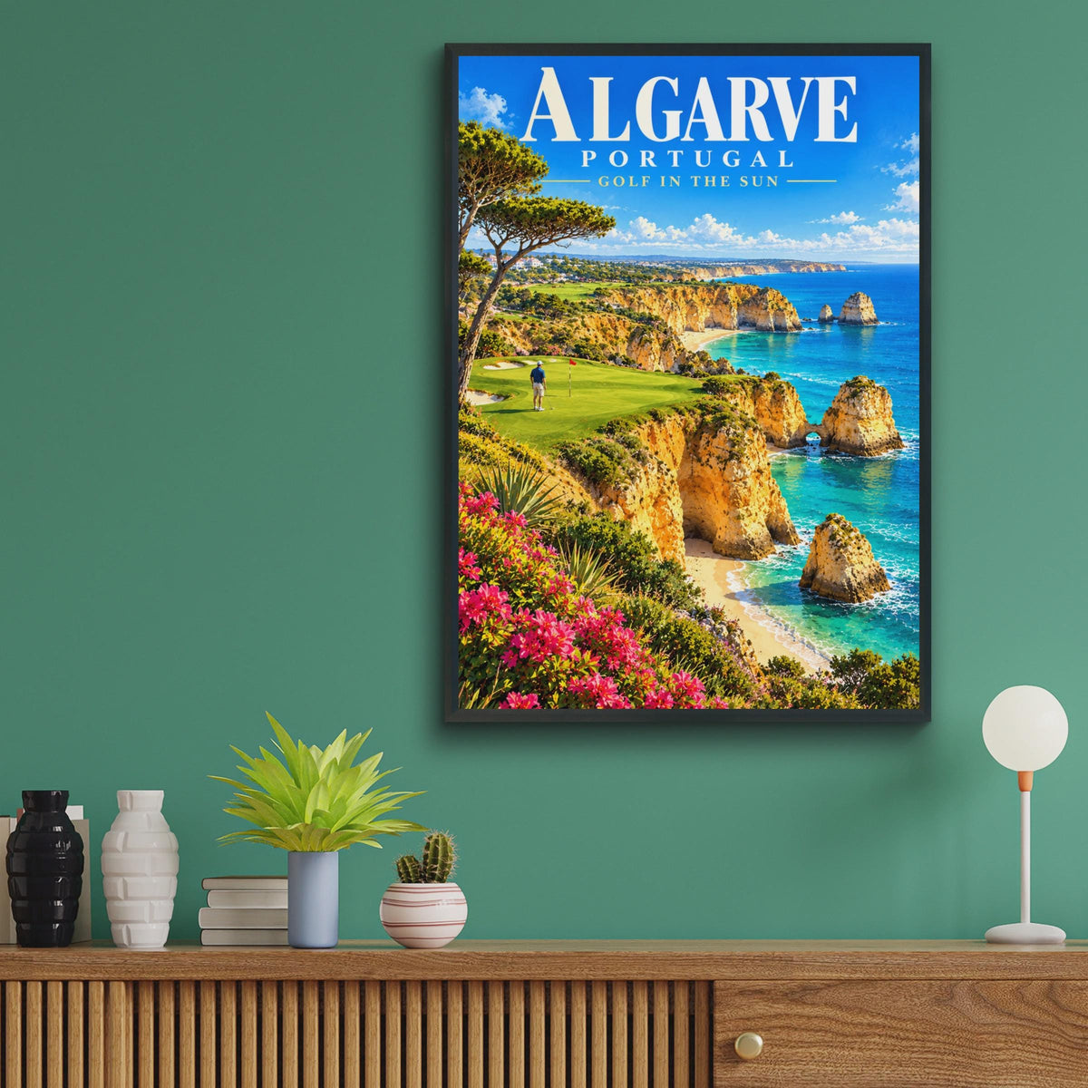 Algarve Portugal Golf Poster, Coastal Cliffside View, Retro Travel Art Print