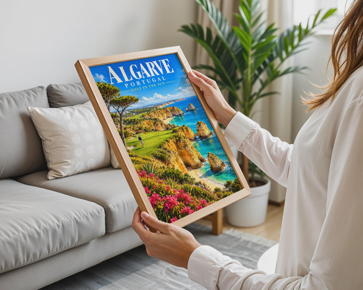 Algarve Portugal Golf Poster, Coastal Cliffside View, Retro Travel Art Print