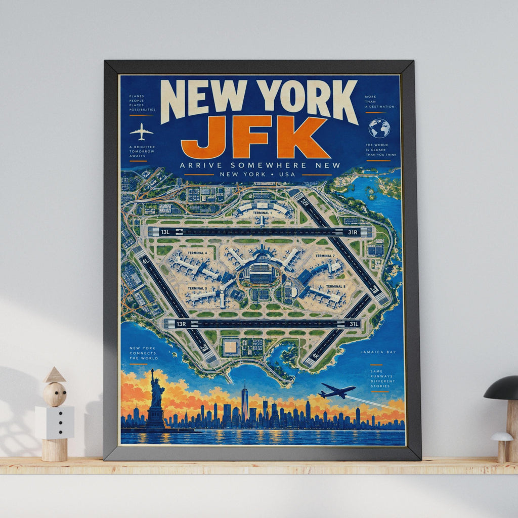 Retro JFK Airport Map Poster, NYC Skyline, Aviation Decor (Print)