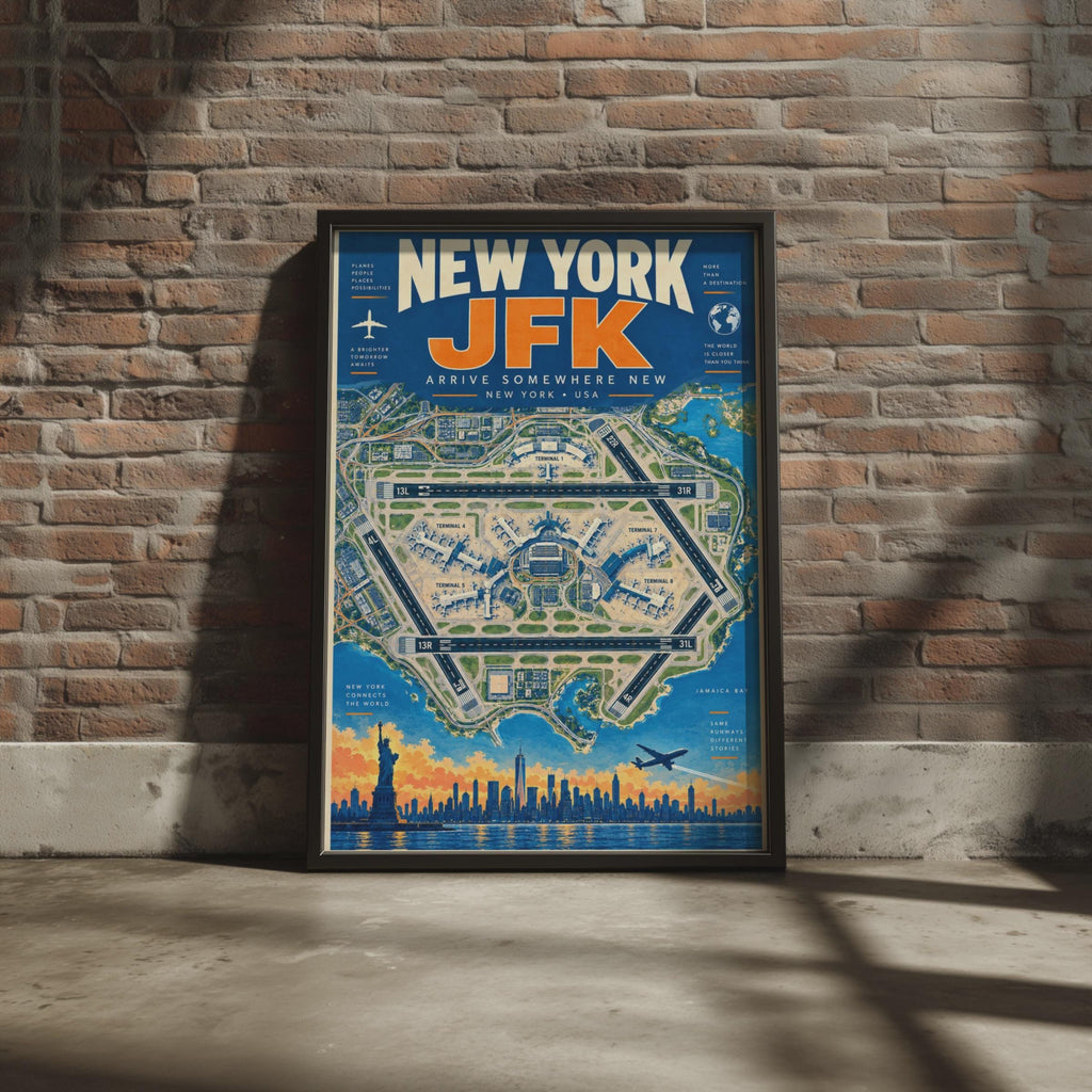 Retro JFK Airport Map Poster, NYC Skyline, Aviation Decor (Print)