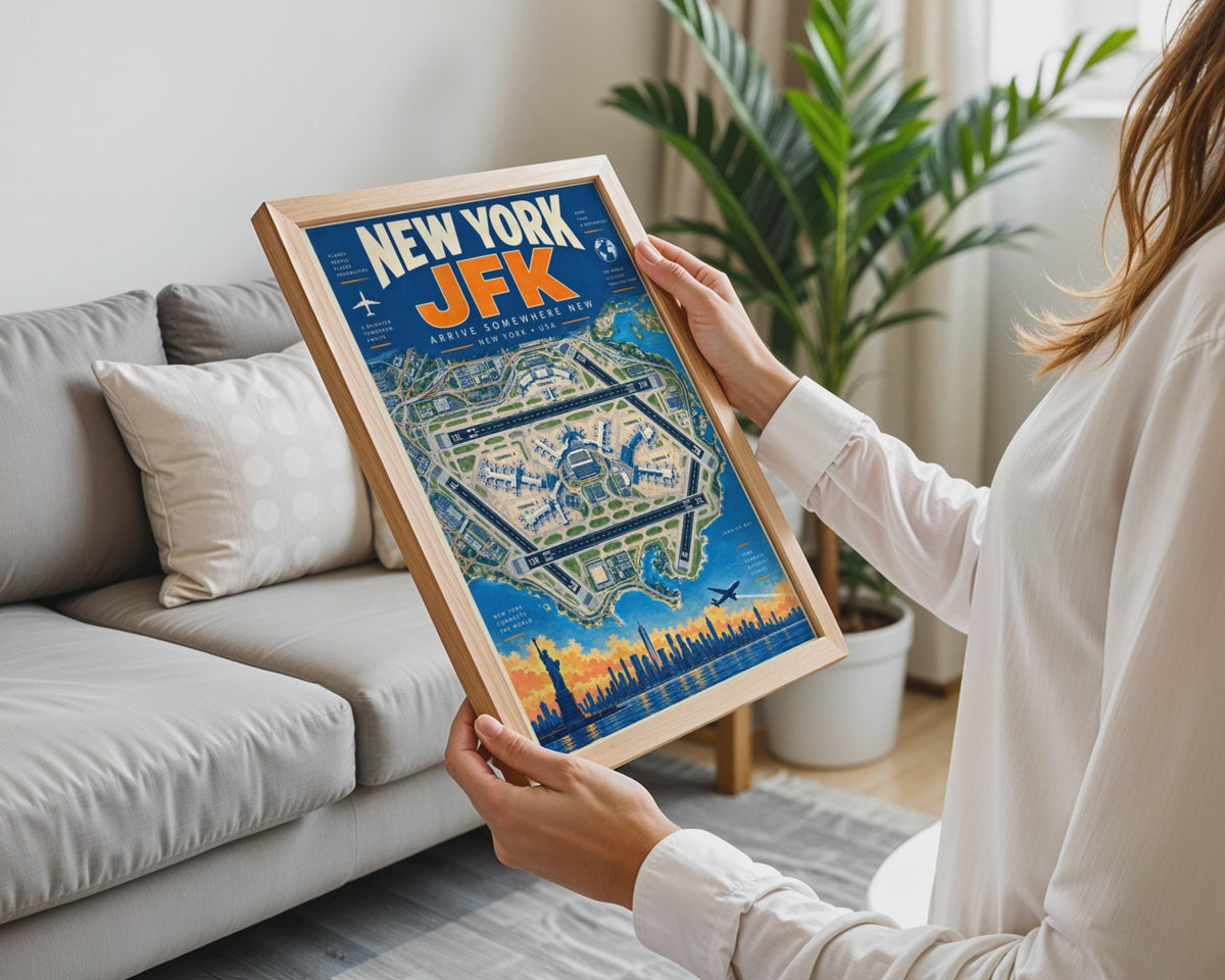 Retro JFK Airport Map Poster, NYC Skyline, Aviation Decor (Print)