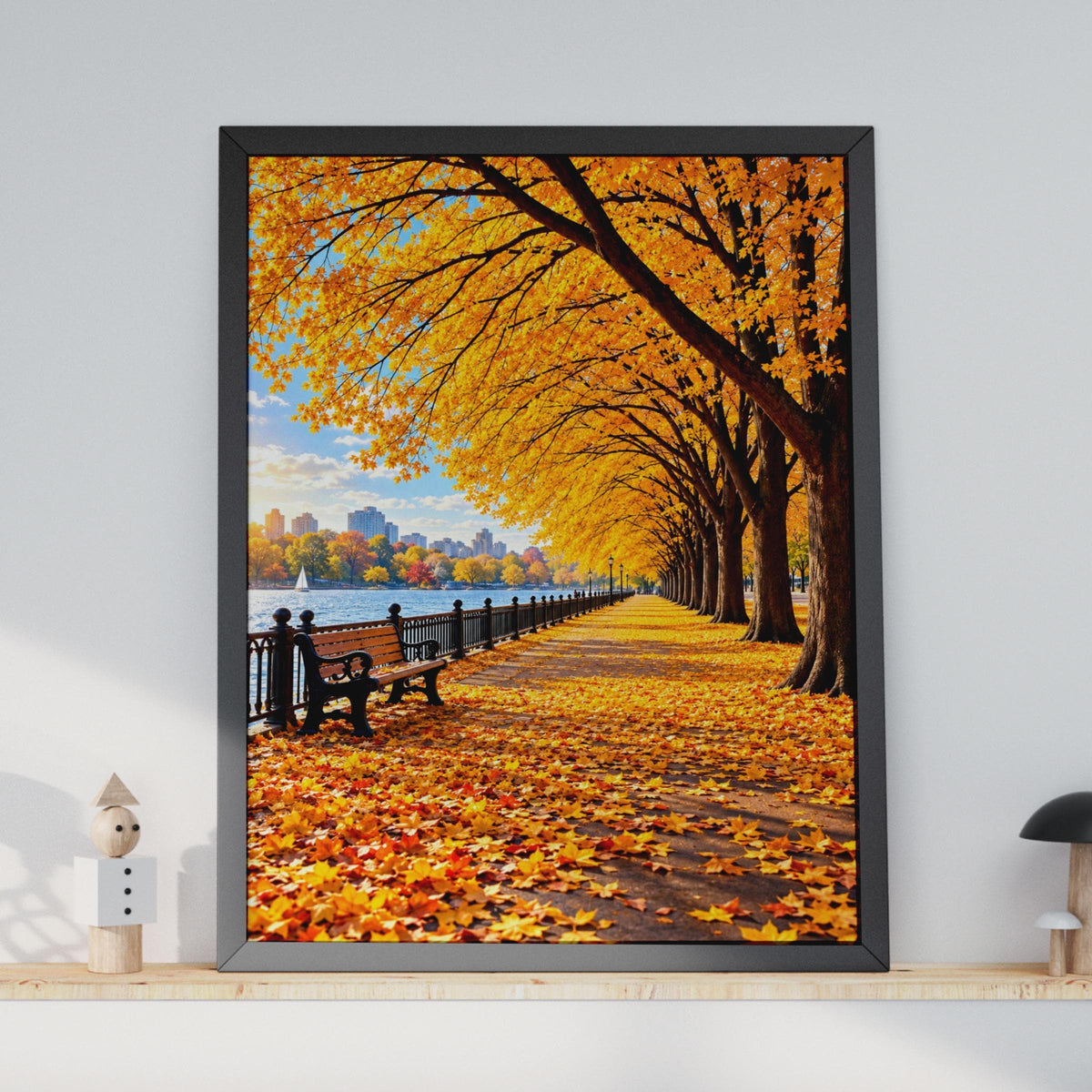 Autumn Promenade Wall Art, Golden Trees, Park Bench, Riverside Print (A4)