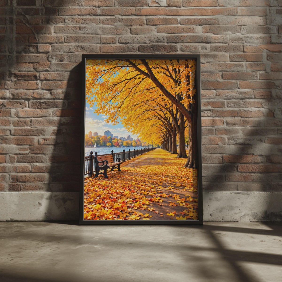 Autumn Promenade Wall Art, Golden Trees, Park Bench, Riverside Print (A4)