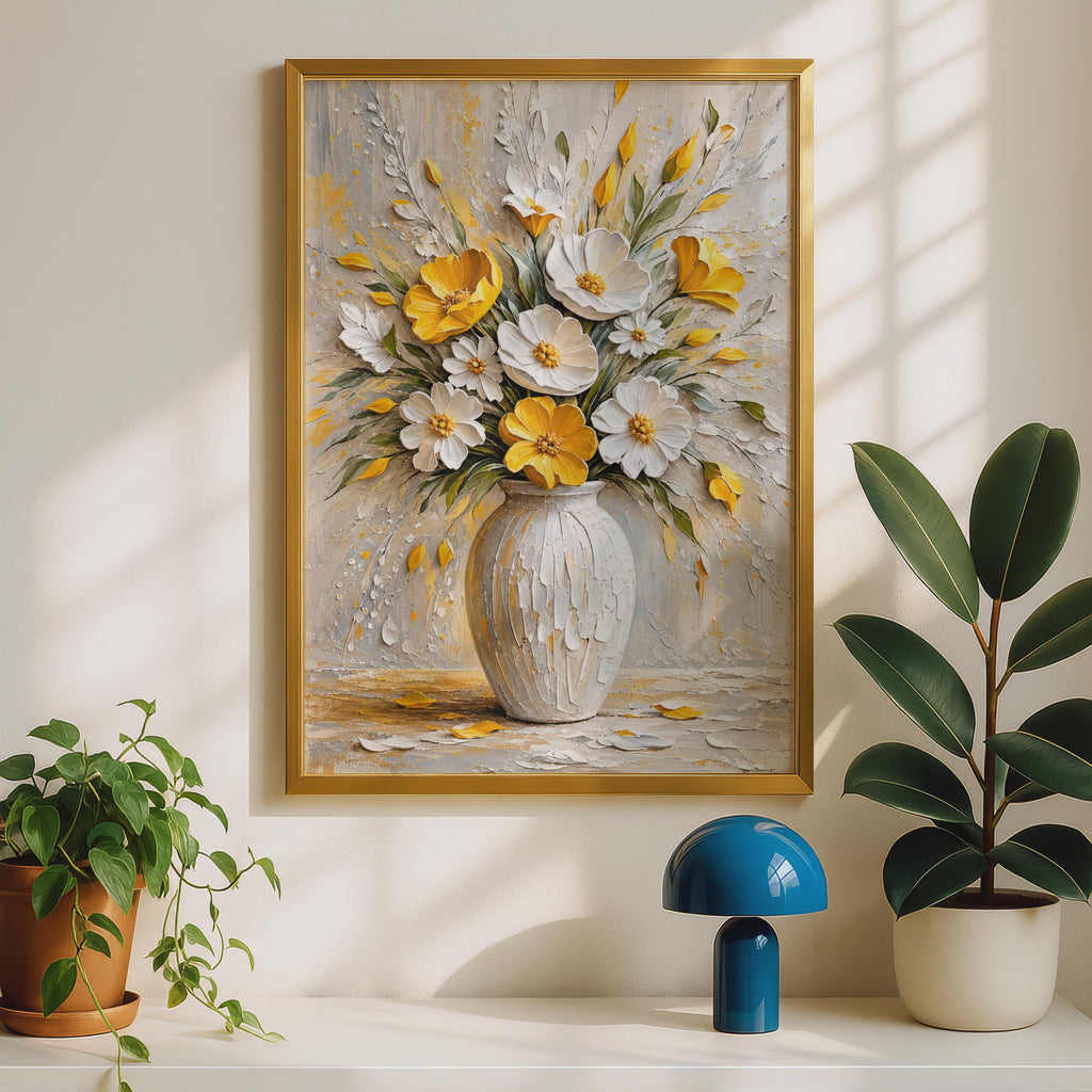 Palette Knife Floral Vase Print, Textured White Yellow Bouquet Art (A4 Poster)
