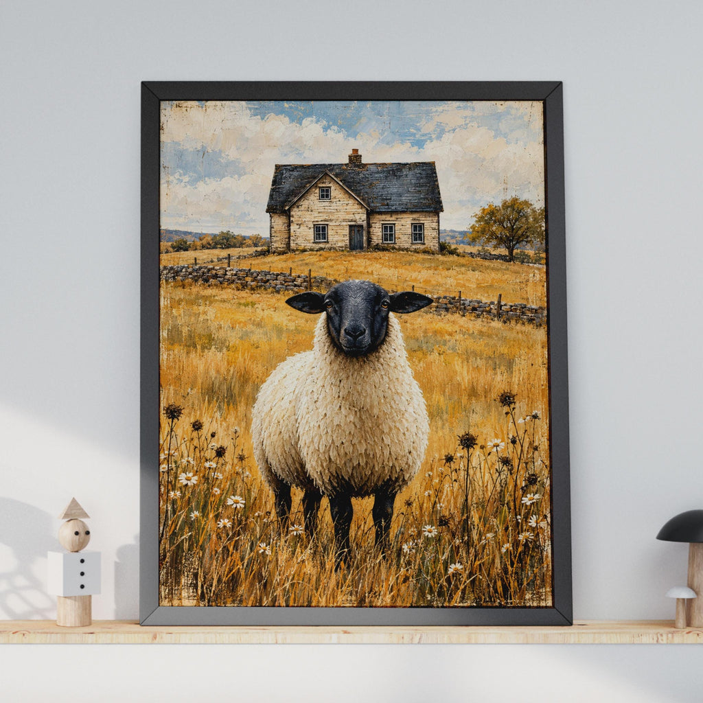 Black Faced Sheep Farmhouse Print, Rustic Country Wall Art, Vintage Farm Poster (A4)