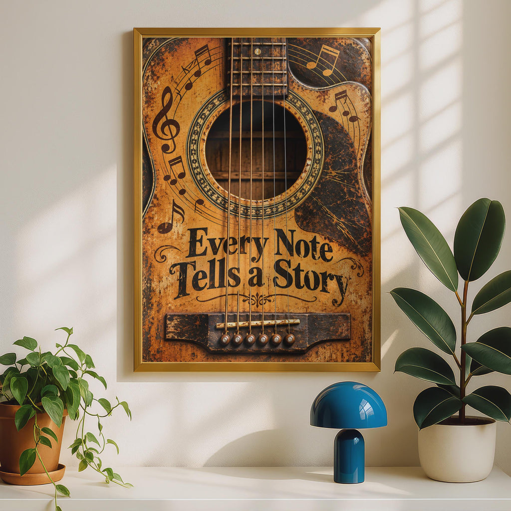 Vintage Acoustic Guitar Poster, Every Note Tells a Story, Rustic Music Wall Art (Print)