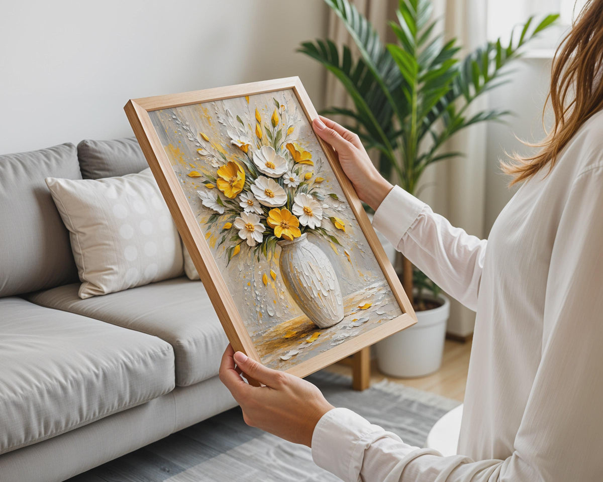 Palette Knife Floral Vase Print, Textured White Yellow Bouquet Art (A4 Poster)