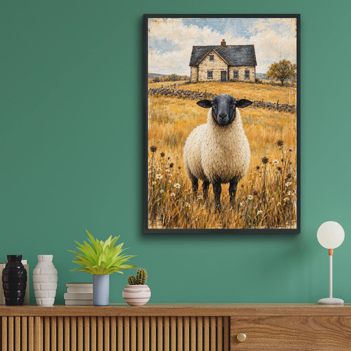 Black Faced Sheep Farmhouse Print, Rustic Country Wall Art, Vintage Farm Poster (A4)