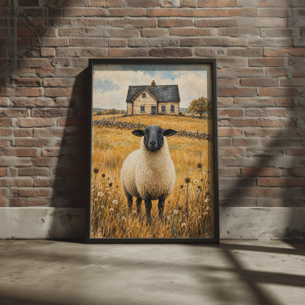 Black Faced Sheep Farmhouse Print, Rustic Country Wall Art, Vintage Farm Poster (A4)
