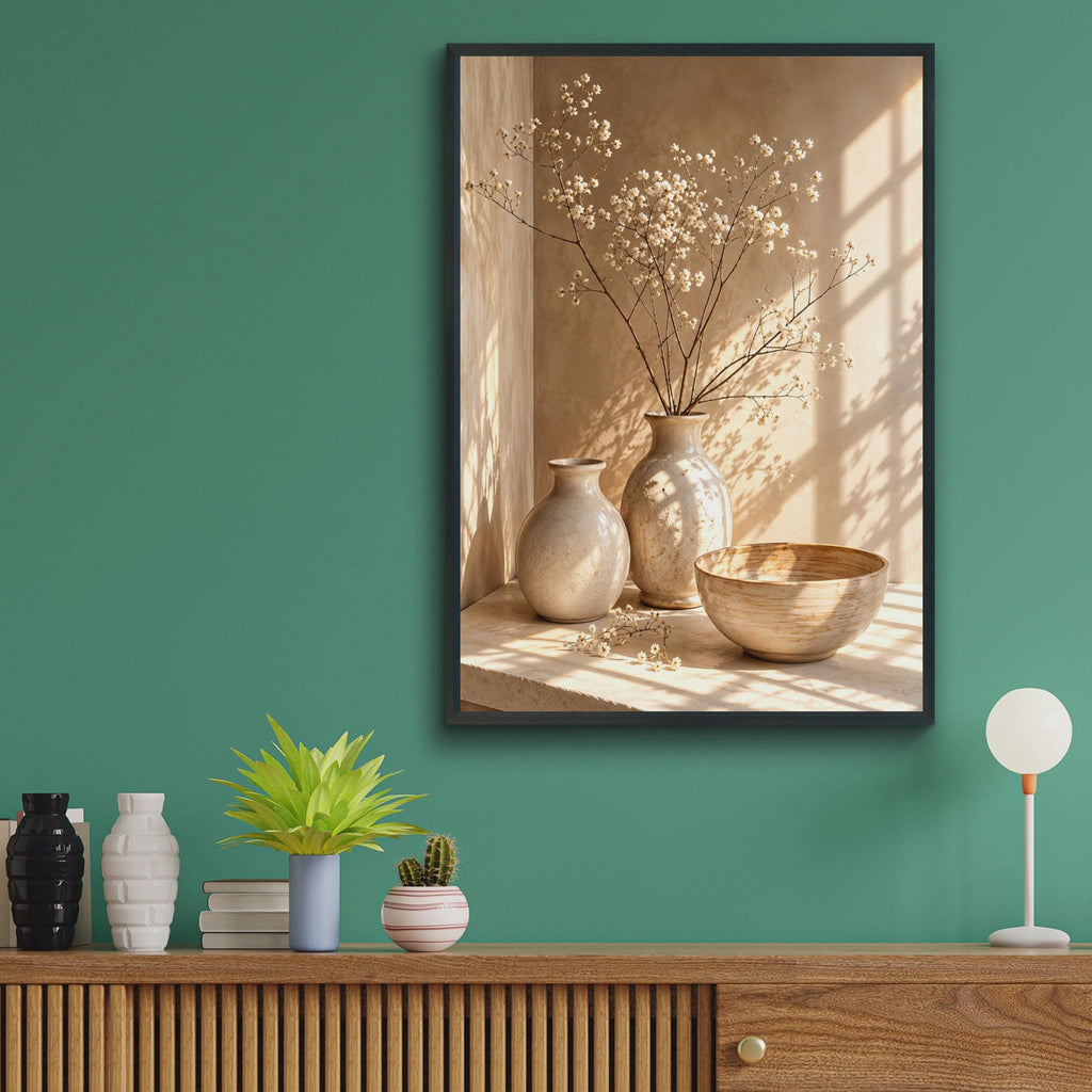 Sunlit Ceramic Vase Still Life Print, Neutral Botanical Wall Art (Physical Poster)