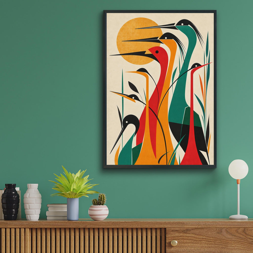 Mid-Century Modern Heron Print, Bold Teal Red Orange Birds, Nature Wall Art (Physical Poster)