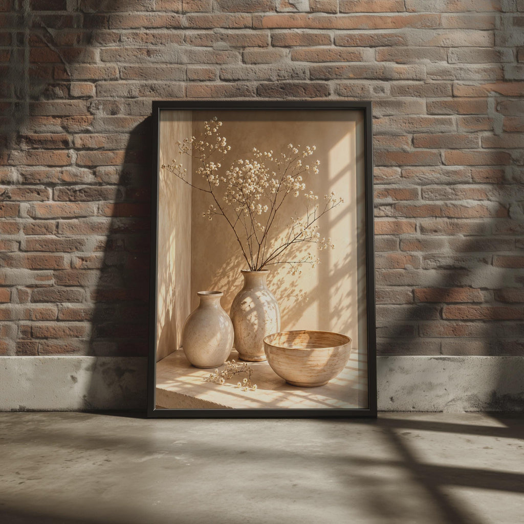 Sunlit Ceramic Vase Still Life Print, Neutral Botanical Wall Art (Physical Poster)