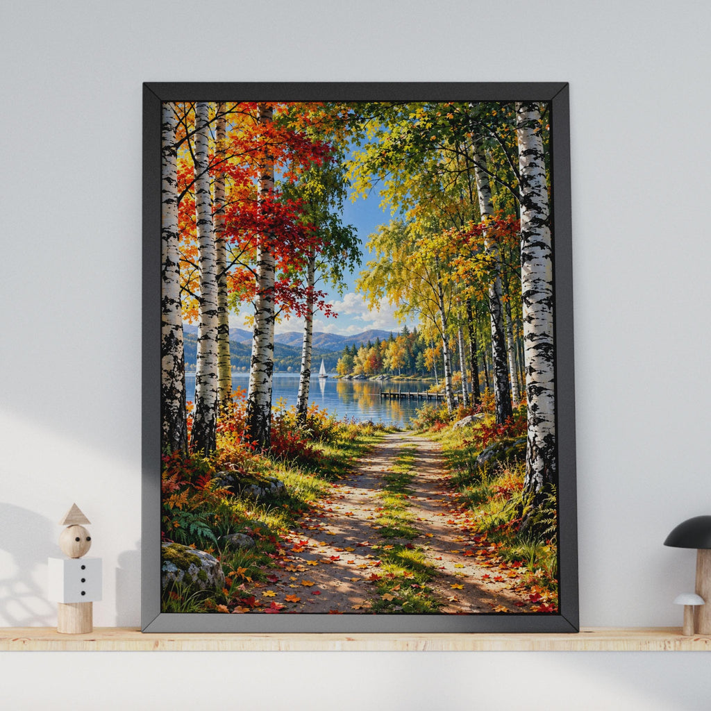 Autumn Birch Lake Print, Fall Forest Path, Woodland Landscape (Ready to Frame)