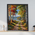 Autumn Birch Lake Print, Fall Forest Path, Woodland Landscape (Ready to Frame)