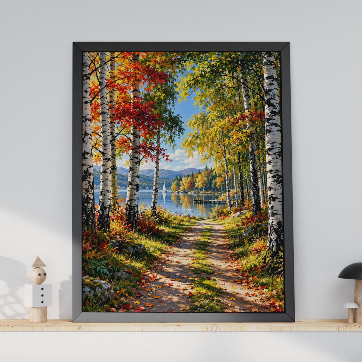 Autumn Birch Lake Print, Fall Forest Path, Woodland Landscape (Ready to Frame)