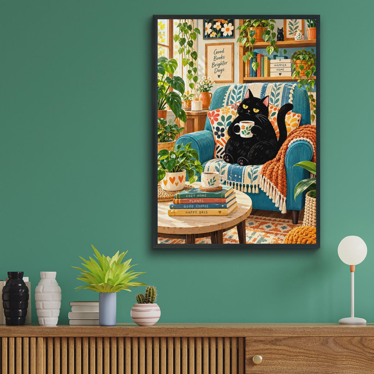 Cozy Black Cat Coffee Poster, Botanical Living Room Art, Boho Home Decor