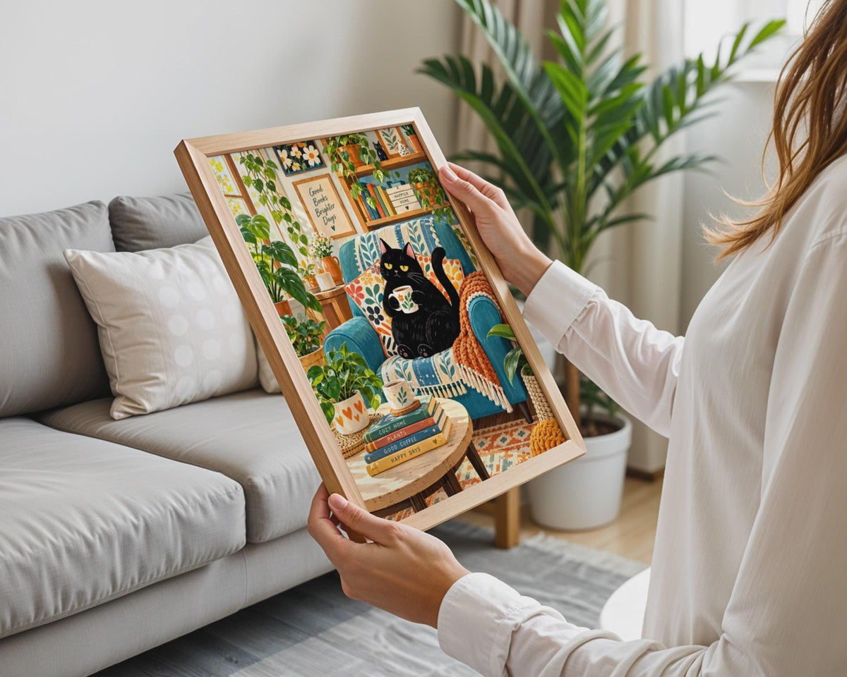 Cozy Black Cat Coffee Poster, Botanical Living Room Art, Boho Home Decor