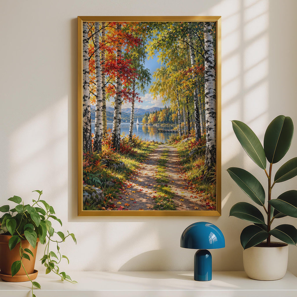 Autumn Birch Lake Print, Fall Forest Path, Woodland Landscape (Ready to Frame)
