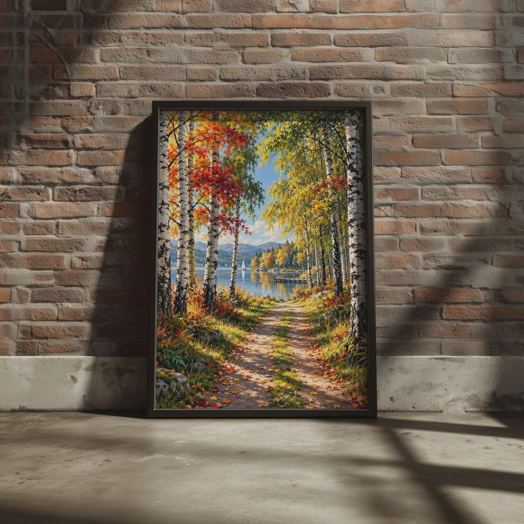 Autumn Birch Lake Print, Fall Forest Path, Woodland Landscape (Ready to Frame)