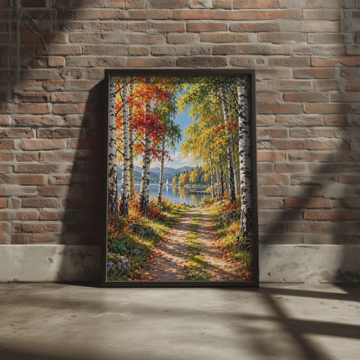 Autumn Birch Lake Print, Fall Forest Path, Woodland Landscape (Ready to Frame)