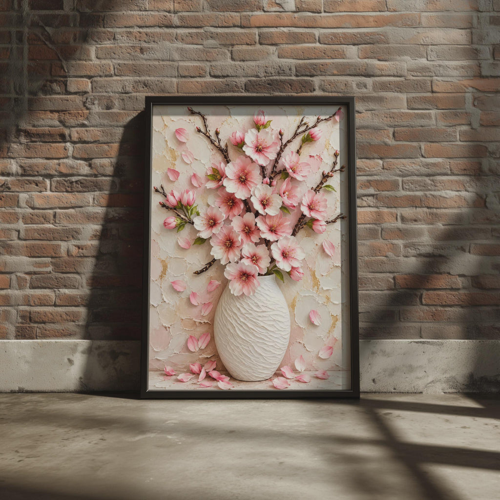 Pink Blossom Vase Wall Art Print, Cherry Blossom Floral Painting (A4)