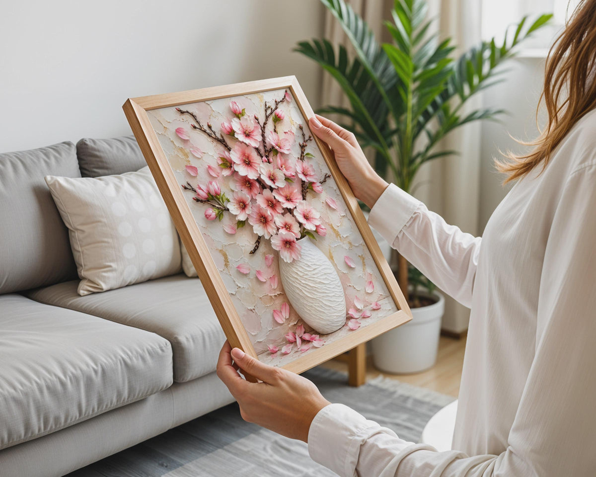Pink Blossom Vase Wall Art Print, Cherry Blossom Floral Painting (A4)