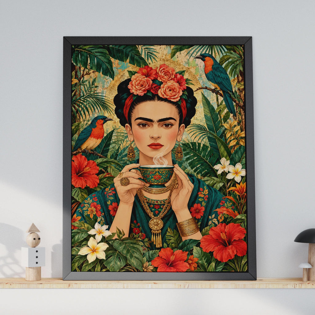 Tropical Floral Portrait Poster, Mexican Folk Art, Boho Woman, Jungle Birds, Hibiscus (Printed Poster)