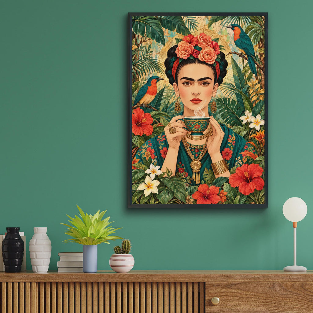 Tropical Floral Portrait Poster, Mexican Folk Art, Boho Woman, Jungle Birds, Hibiscus (Printed Poster)