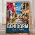 Benidorm Old Town Travel Poster, Costa Blanca Spain, Mediterranean Street Scene (Print)
