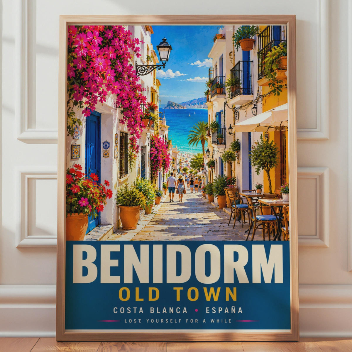 Benidorm Old Town Travel Poster, Costa Blanca Spain, Mediterranean Street Scene (Print)