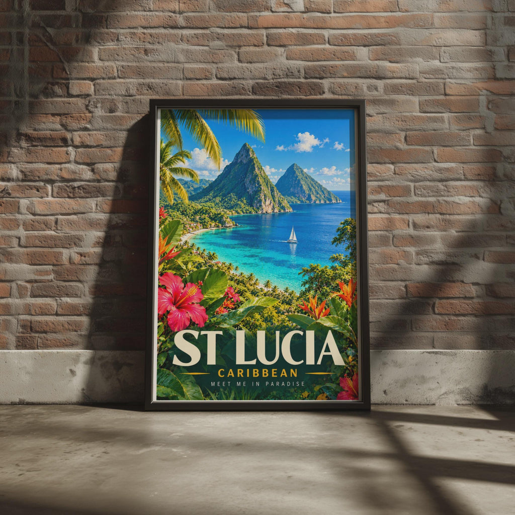 St Lucia Travel Poster, Pitons, Sailboat, Hibiscus, Caribbean Wall Art