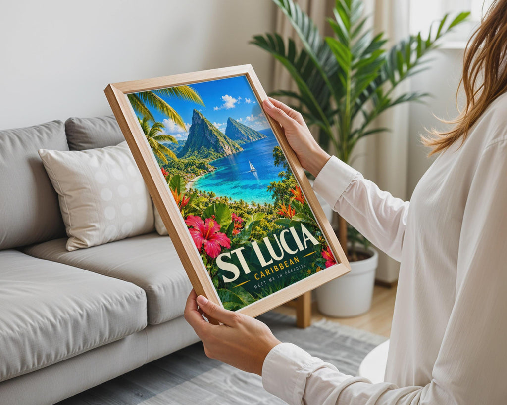 St Lucia Travel Poster, Pitons, Sailboat, Hibiscus, Caribbean Wall Art