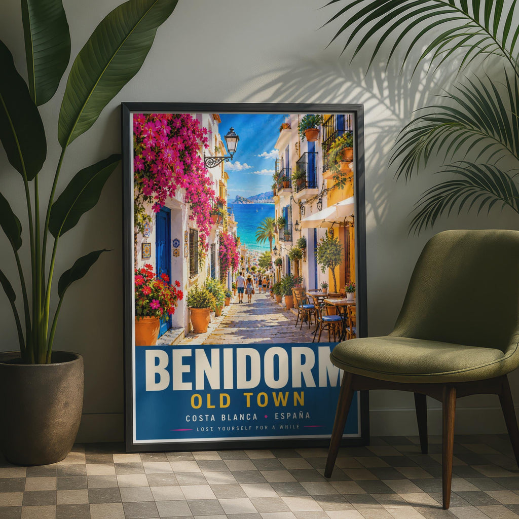 Benidorm Old Town Travel Poster, Costa Blanca Spain, Mediterranean Street Scene (Print)