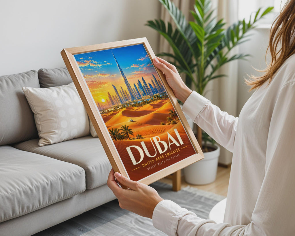 Dubai Travel Poster, Burj Khalifa Skyline, Desert Sunset (Print)