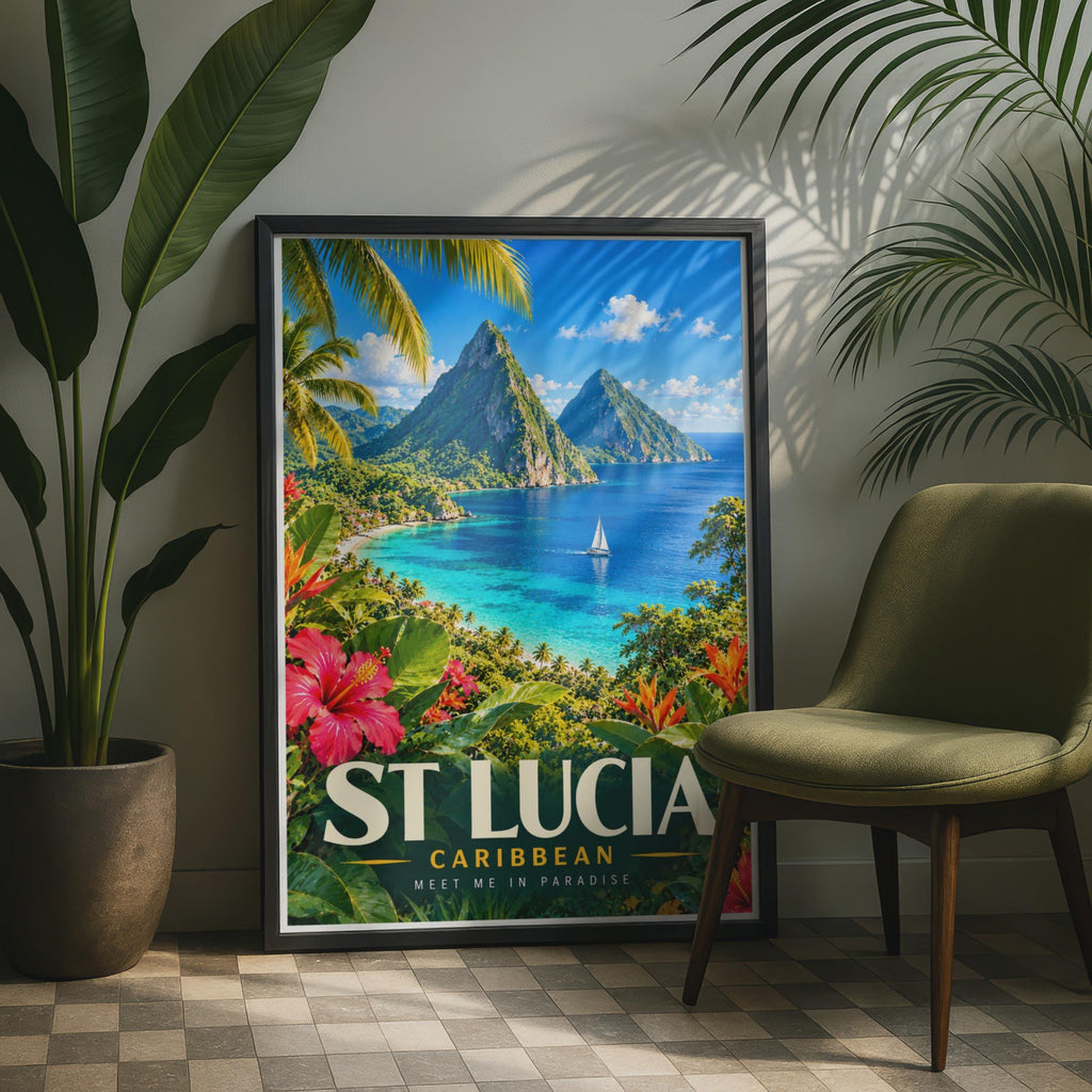 St Lucia Travel Poster, Pitons, Sailboat, Hibiscus, Caribbean Wall Art