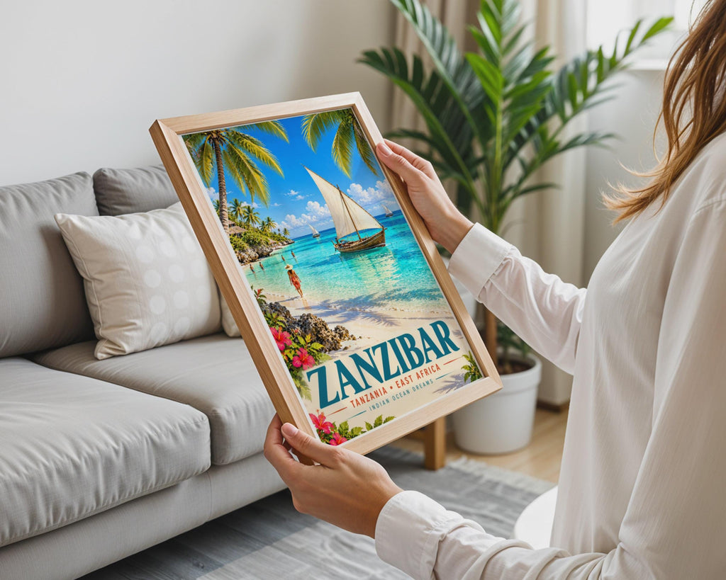 Zanzibar Tanzania Travel Poster, Dhow Sailing Boat, Tropical Island Decor (A4)