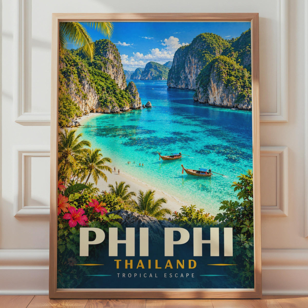 Phi Phi Islands Thailand Travel Poster, Turquoise Lagoon, Limestone Cliffs (Printed)