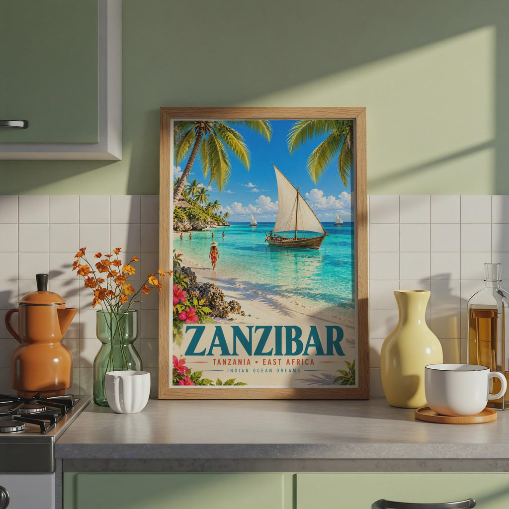 Zanzibar Tanzania Travel Poster, Dhow Sailing Boat, Tropical Island Decor (A4)