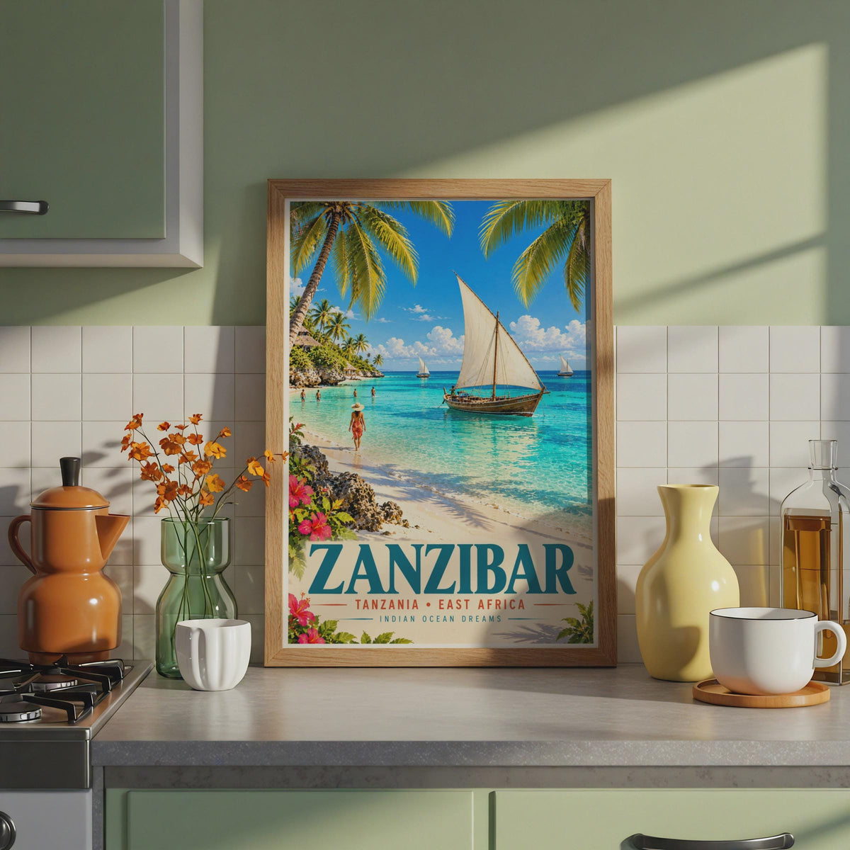 Zanzibar Tanzania Travel Poster, Dhow Sailing Boat, Tropical Island Decor (A4)