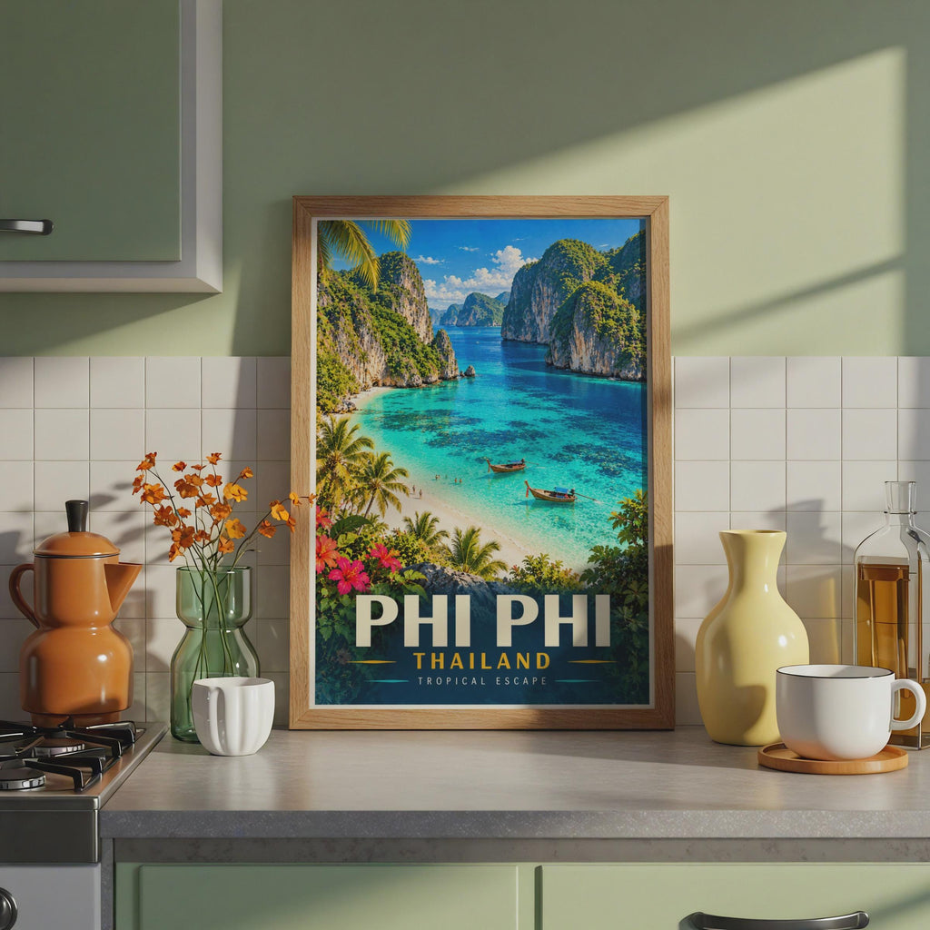 Phi Phi Islands Thailand Travel Poster, Turquoise Lagoon, Limestone Cliffs (Printed)
