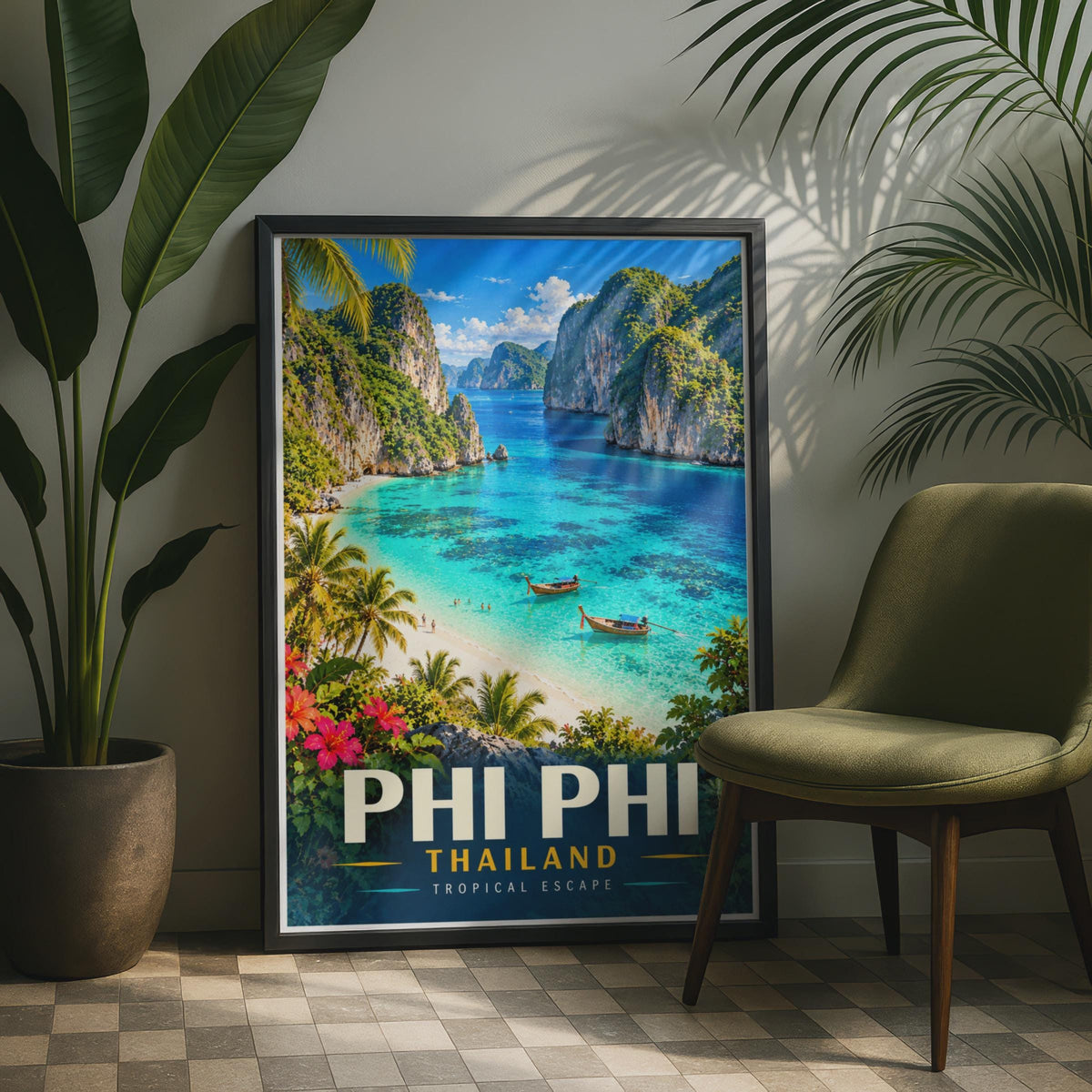 Phi Phi Islands Thailand Travel Poster, Turquoise Lagoon, Limestone Cliffs (Printed)