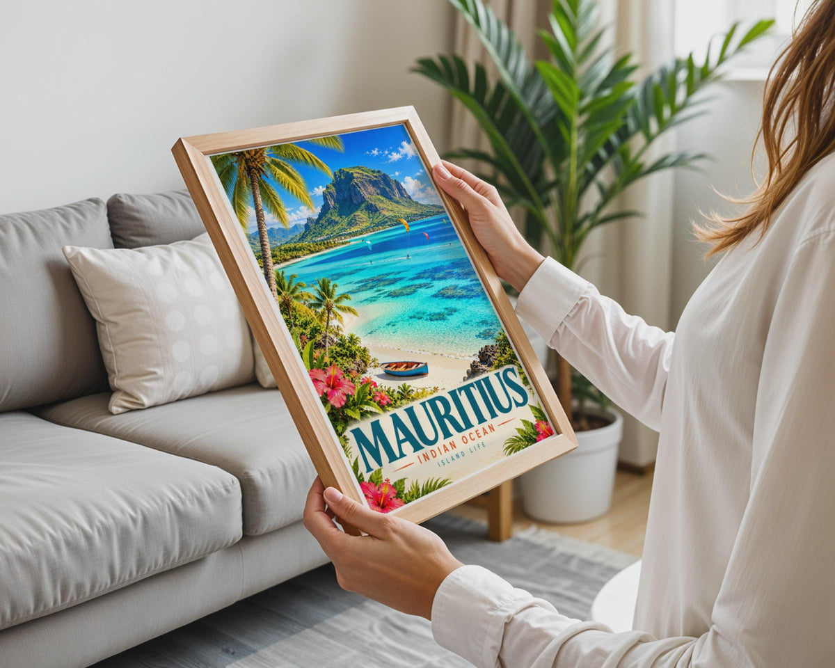 Mauritius Travel Poster, Indian Ocean Island Life, Kitesurfing, Palm Trees (Print)