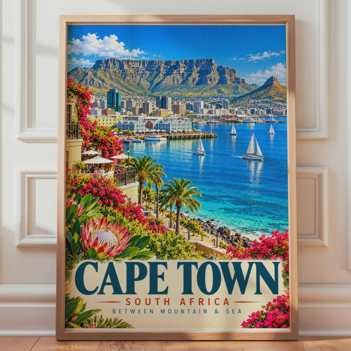 Cape Town Travel Poster, Table Mountain, Harbour Sailboats, Retro City Art (Print)