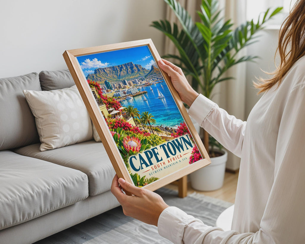 Cape Town Travel Poster, Table Mountain, Harbour Sailboats, Retro City Art (Print)