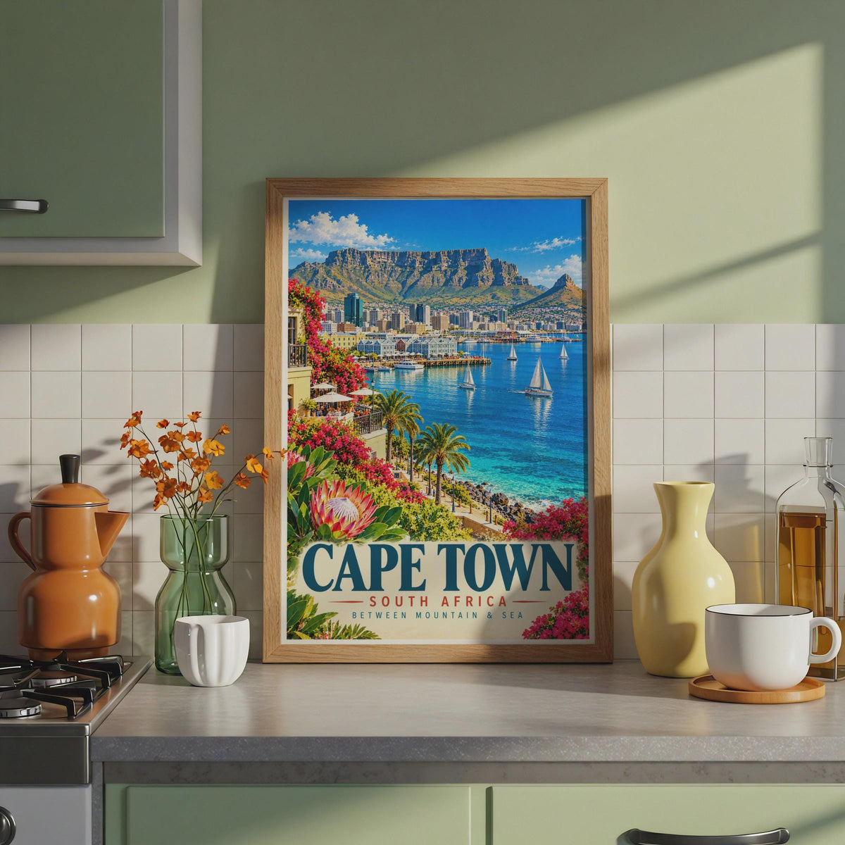 Cape Town Travel Poster, Table Mountain, Harbour Sailboats, Retro City Art (Print)