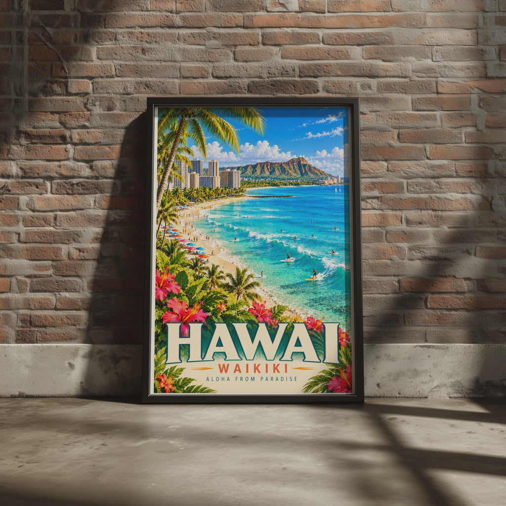 Vintage Waikiki Beach Poster, Diamond Head, Tropical Surf Art (Physical Print)