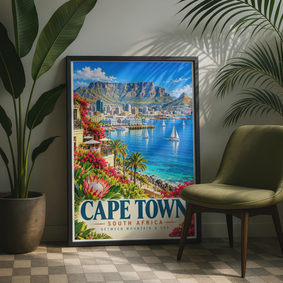 Cape Town Travel Poster, Table Mountain, Harbour Sailboats, Retro City Art (Print)